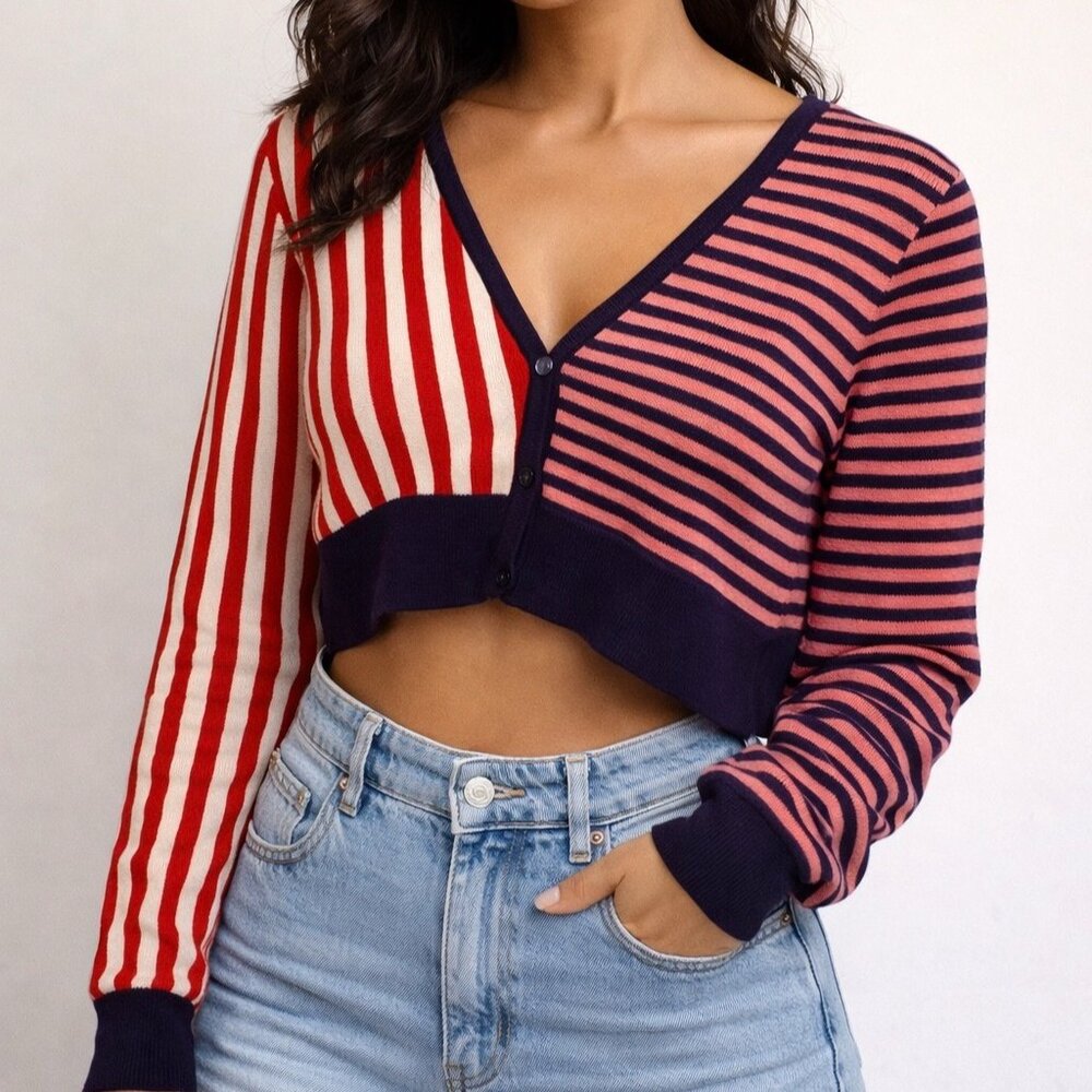 Wild Fable Short Bolo Style Knit Stripe Cropped Cardigan Sweater Womens Size‎ XS